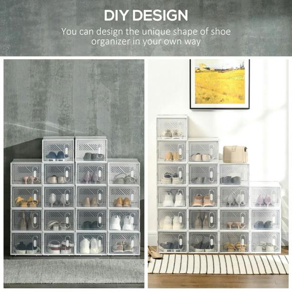 Clear plastic stackable shoe storage organizer, showing multiple box layouts