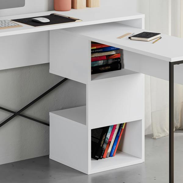 Decortie Modern Badau L-Shaped Computer Desk Metal Legs 3 Adjustable Storage Shelf Extra Table 110cm(W) Work PC Office