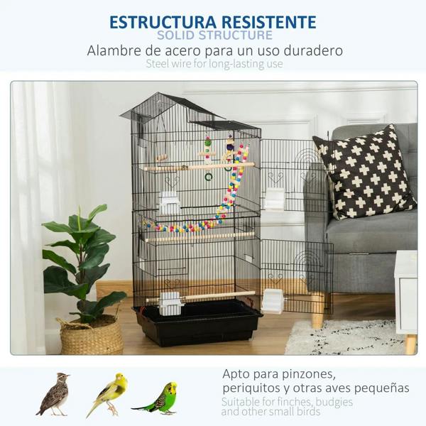 Durable bird cage with black wire bars, front access tray, and cups