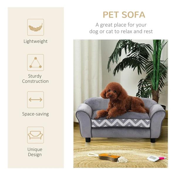 Grey pet sofa bed with chevron cushion; lightweight compact design icons