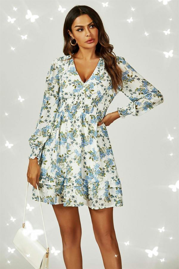 FS Collection Floral Print ruffle Hem long sleeve Mini Dress In White