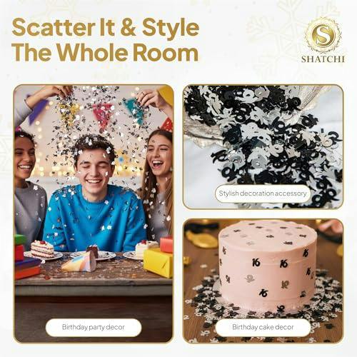 16th Birthday Black and Silver Metallic Confetti Table Decoration Pack, Available in 1, 2 or 4 Packs image 6