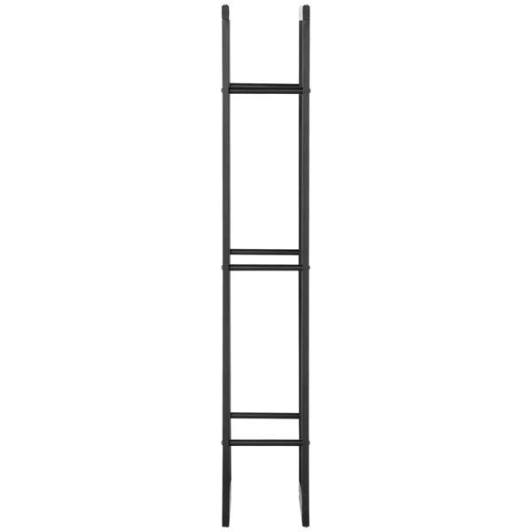Black tall narrow metal firewood rack frame with horizontal bars, open center.