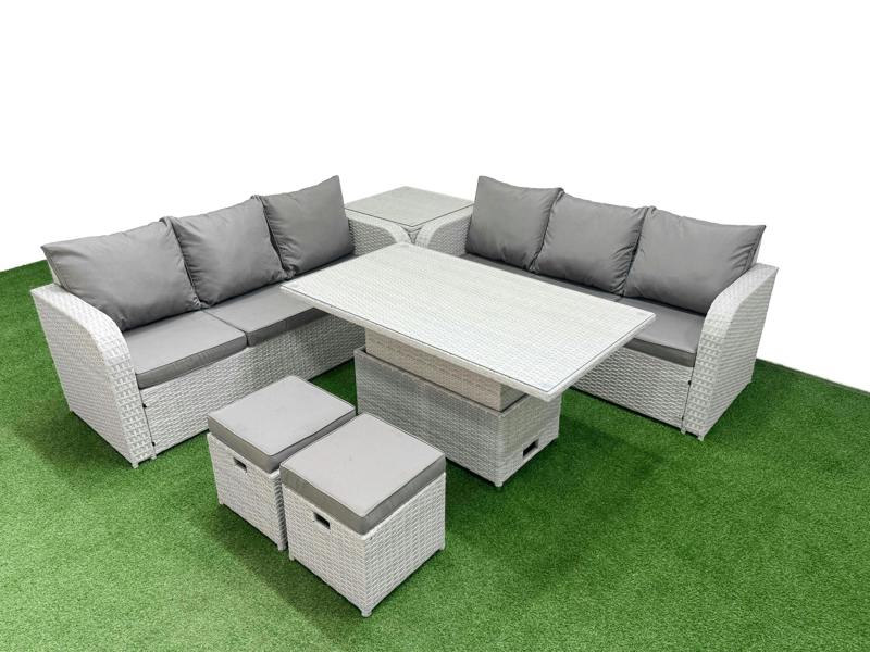 Fimous 8 Seater Garden Sofa Set, Rattan Furniture, Adj Height Table, High Back Lounge Sofa, Stools and Side Table, Light Grey