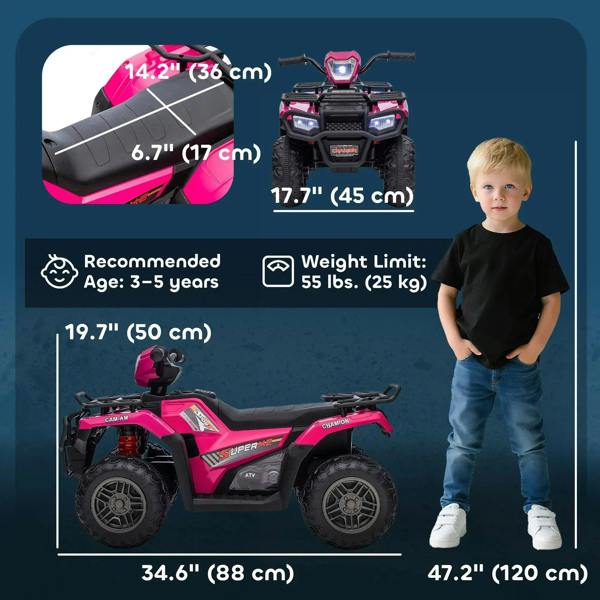 Pink kids quad bike with LED headlights, shown with size proportions