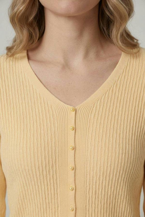 Yellow | Textured Pearl Detail V-Neck Knit Top