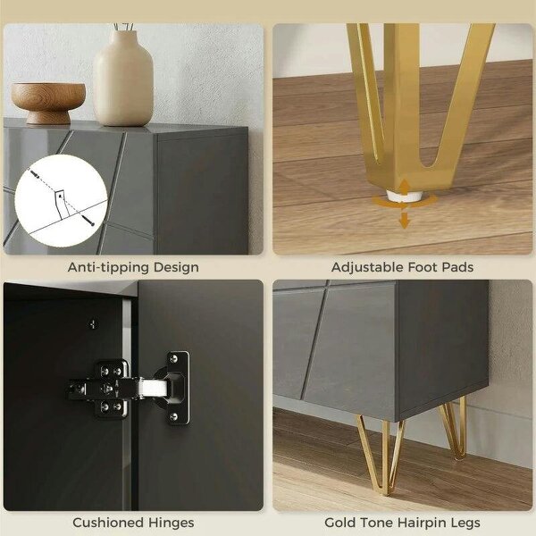 Modern Luxe High Gloss Sideboard, with Hairpin Legs, Grey