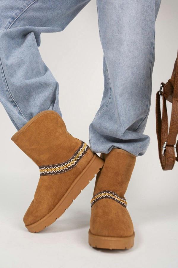Karsie Suedette Embroidered Flat Ankle Boots - Chestnut