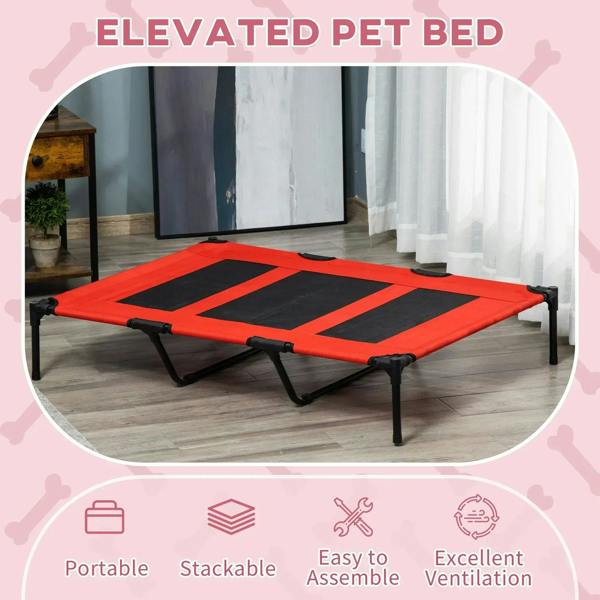 Red elevated pet bed cot with black mesh panels and black legs, indoor view