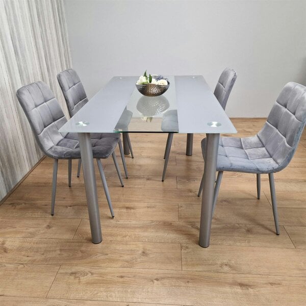 Kosy Koala Dining Table Clear Glass and 4 Velvet Grey Chairs Dining Room Furniture
