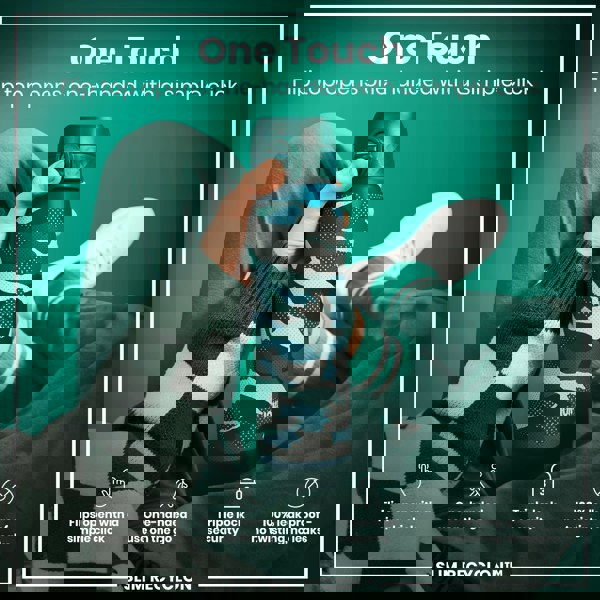 A teal and gray patterned water bottle is held; its flip top opens easily with one hand. The bottle is shown against a teal background, held by a person wearing a green sweater. "One Touch," "Flip top opens one-handed with a simple click," "Flips open with a simple click," "One-handed use on the go," "Triple lock security," "100% leak proof - no twisting, no leaks," and "SLIM RECYCLON™" are also visible.