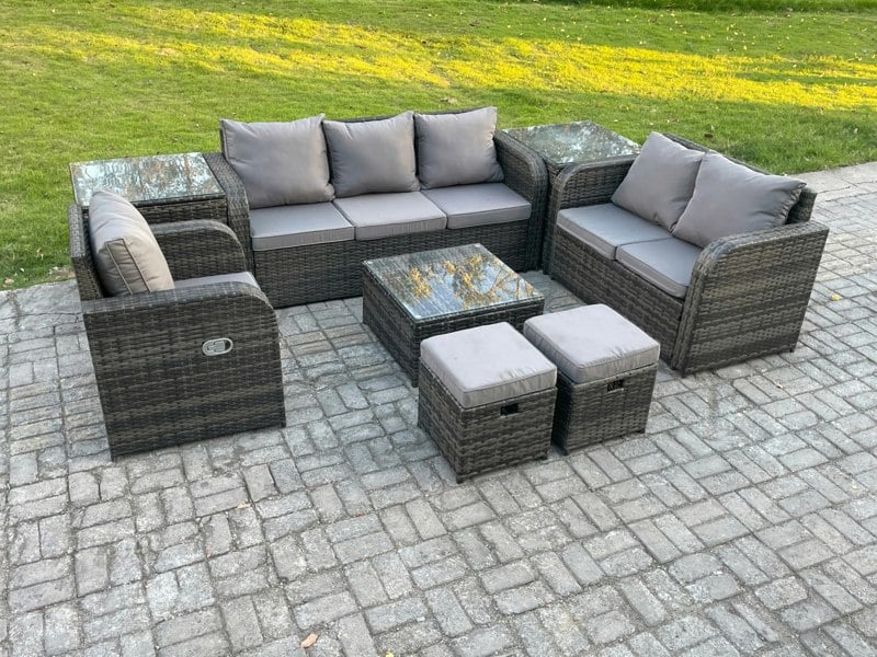 Fimous Indoor Outdoor Rattan Garden Furniture 8 Seater Set Table Sofa Chair Patio Conservatory with Grey Cushions 2 Side Tables 2 Small Footstools