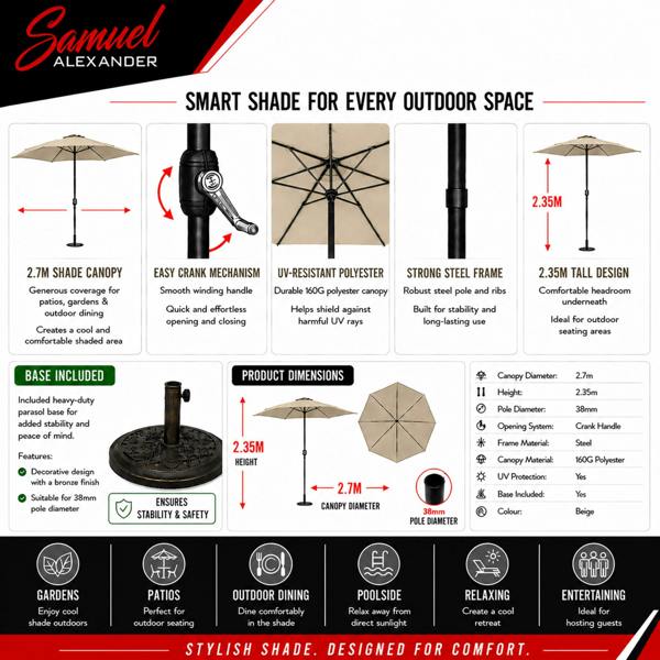 Samuel Alexander 2.7m Havana Garden Patio Parasol with Crank Handle in Beige with 9kg Base Included