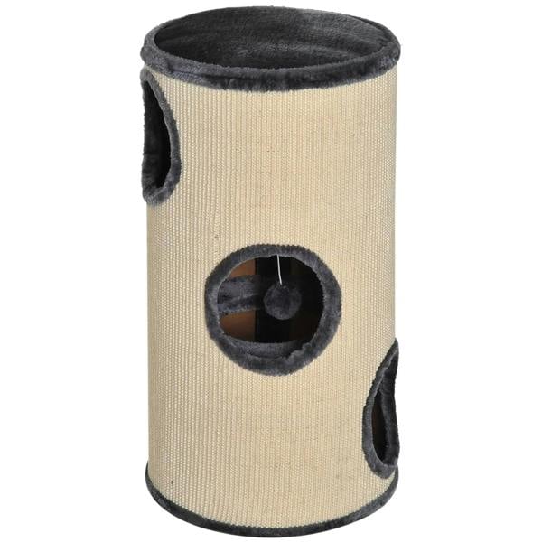 Beige sisal cat scratching barrel with dark plush top and oval side cat cave