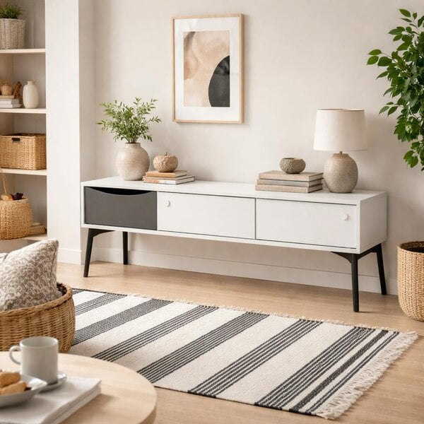 Wyld Haus Nordborg Grey and White Wooden TV Unit 2 Sliding Doors 1 Drawer