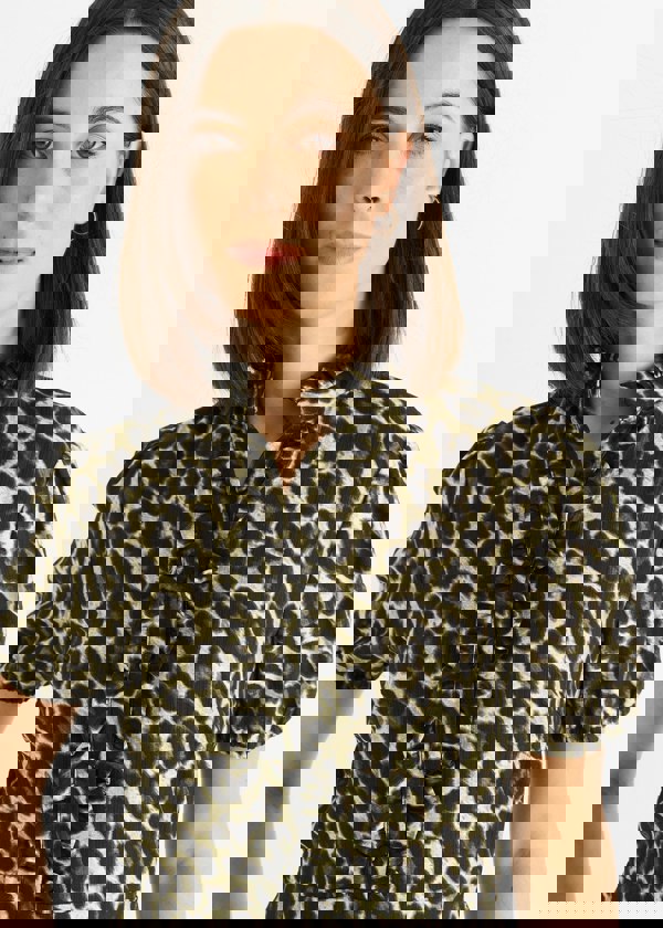 Gini London Green Animal Print Ruffle Neck Midi Dress