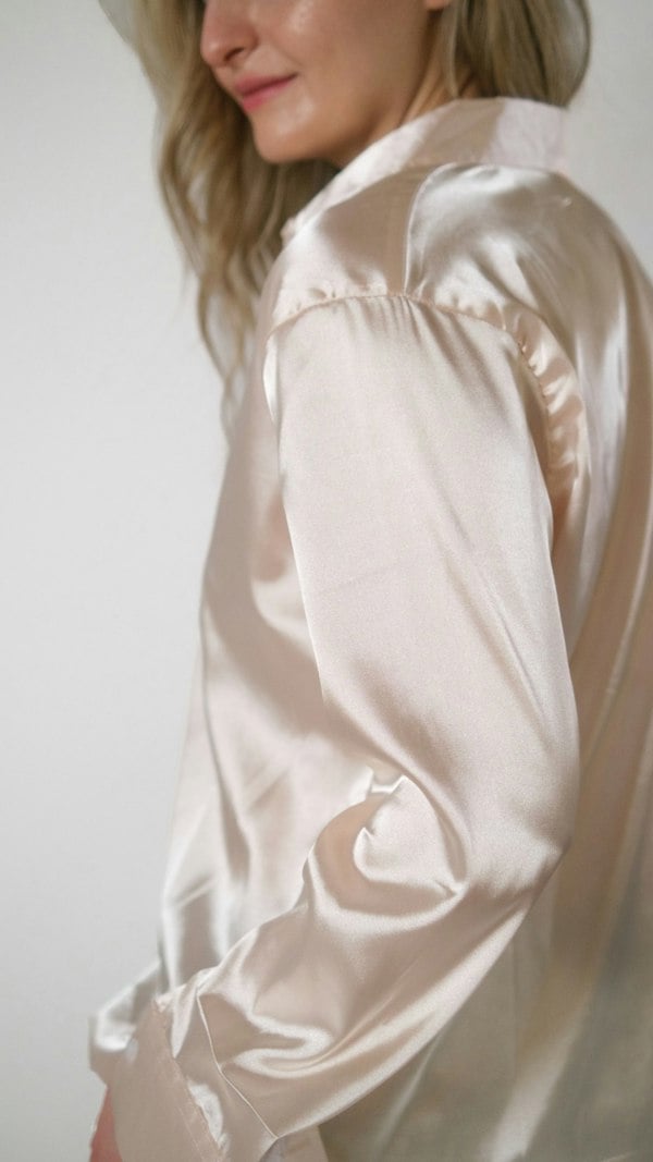 The Colourful Aura Beige Silk Satin Plain Long Sleeve Solid Print Loose Shirt