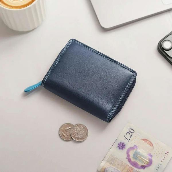 lifestyle view of blue small soft leather purse katie london