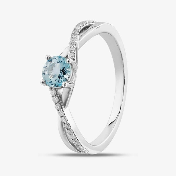 T. H. Baker 9ct White Gold Aquamarine & Diamond Crossover Ring OJR1703-AQ