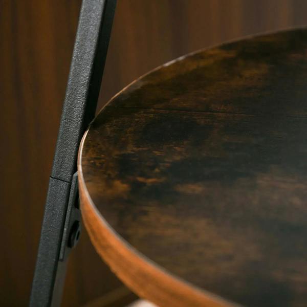Round wooden coat rack shelf attached to a black metal stand