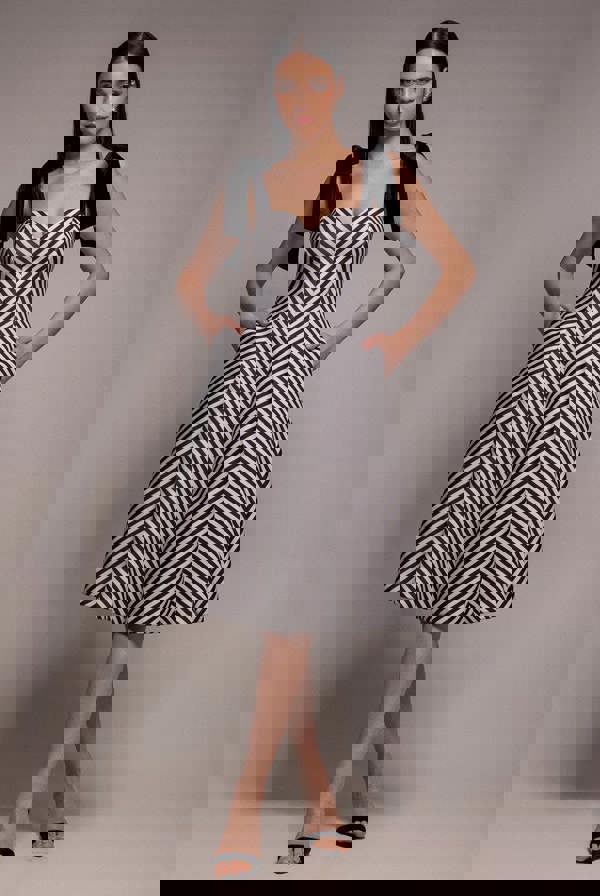 Diagonal Stripe Velvet Bow A Line Midi Dress - Black White DR5050