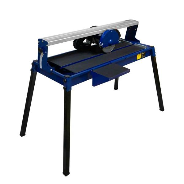 Wet tile cutter bench in blue with sturdy black legs, featuring a sharp circular blade and a wide cutting surface for precision tile cutting