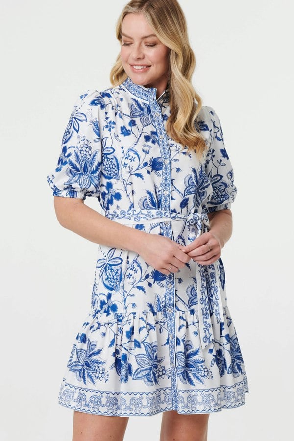 Blue | Printed Tie Waist 1/2 Sleeve Short Dress
