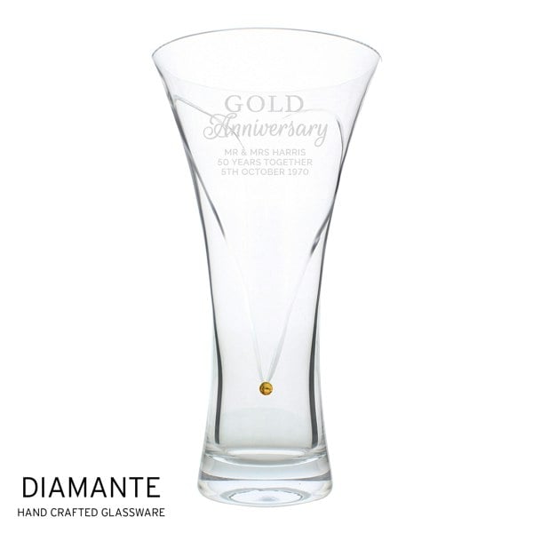 Personalised Memento Company Personalised Gold Anniversary Large Hand Cut Diamante Heart Vase