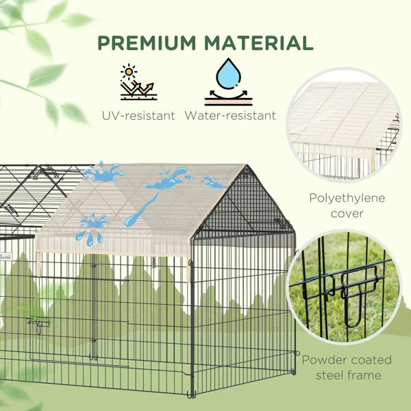Metal playpen with beige roof panel and dark arched shelter end section