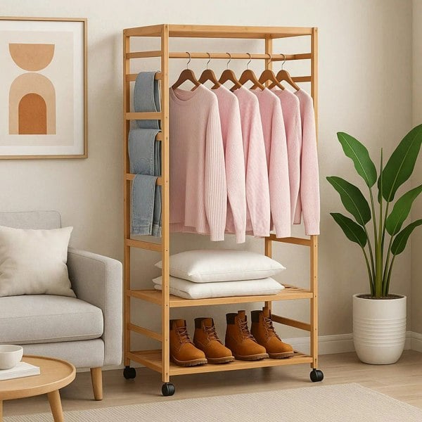 Natural wood clothes rail with storage shelves and pulley wheels for hanging coats and garments

