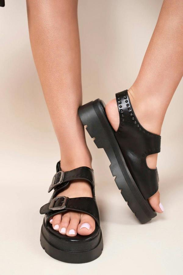 Zora Chunky Double Buckle Studded Platform Sandals - Black