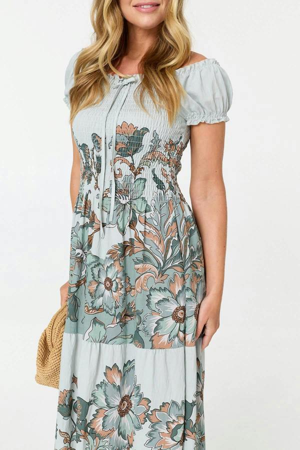Green | Floral Bardot Short Sleeve Maxi Dress