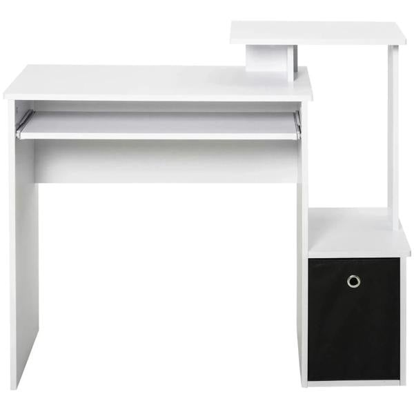 White computer desk with extended keyboard tray and black fabric drawer, side storage view