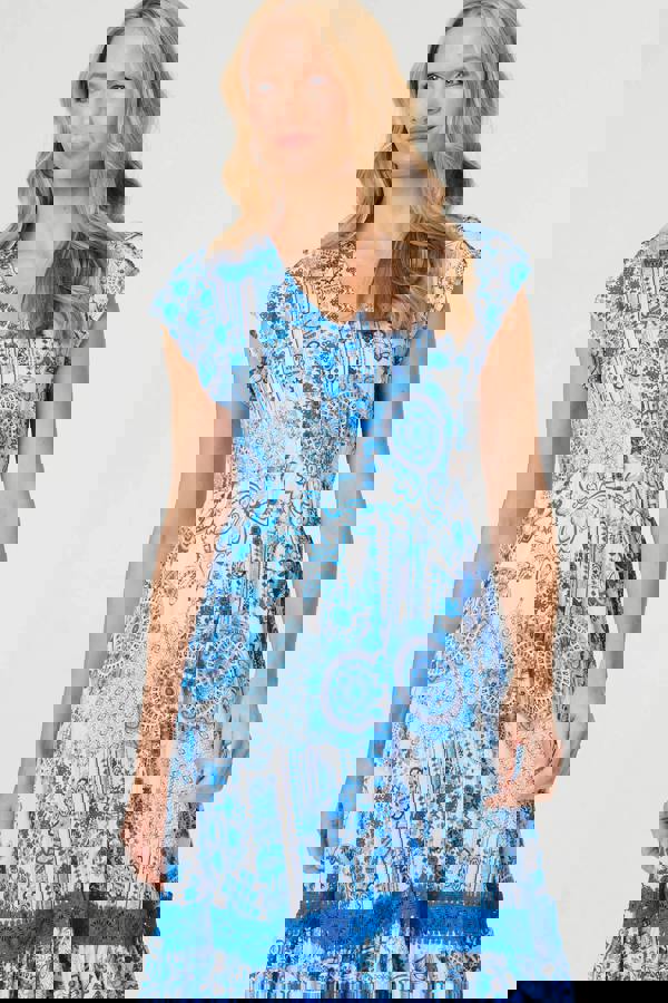 Blue | Abstract Printed Lace Trim Midi Dress