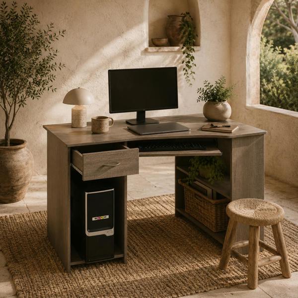 Wyld Haus Nifi 120cm Wooden Grey L Shaped Corner Desk With Keyboard Tray Drawers And Shelving