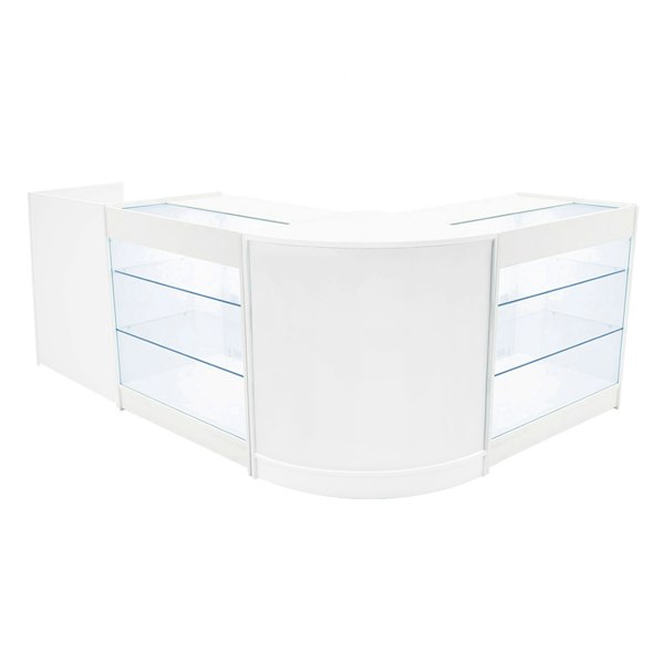 White Aries LED shop counter set featuring a sleek, modern design with glass display shelves and a curved shape, ideal for retail spaces