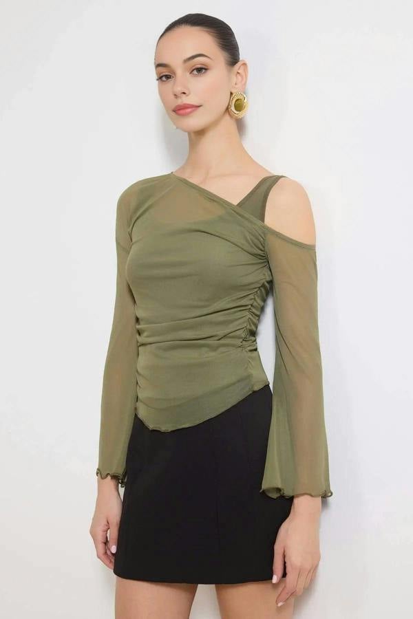 WOVCOR Fitted Asymmetric Neck Long Sleeve Ruched Mesh Blouse