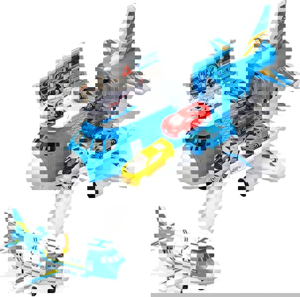 deAO Toys ransport Cargo DIY Plane Car Toy Play Set with Ramp and 4 Mini Car, 1 Helicopter Included