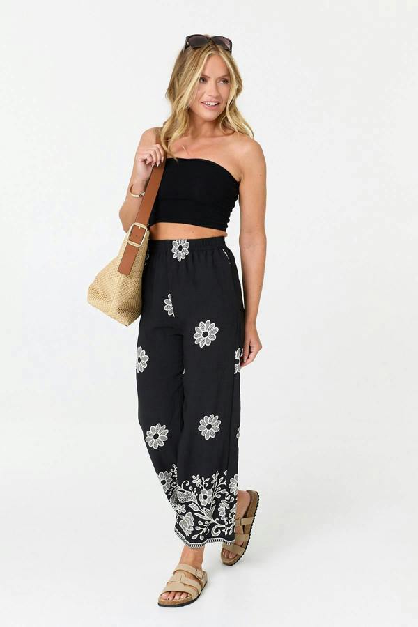 Black | Floral Border Print Wide Trousers