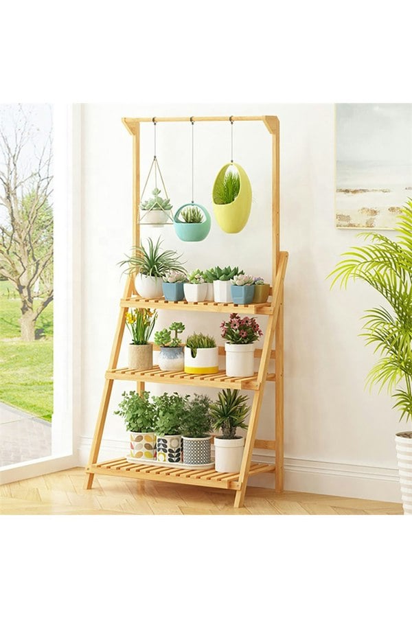 Living and Home 3-Tier Foldable Wooden Ladder Shelf with Hanging Rod