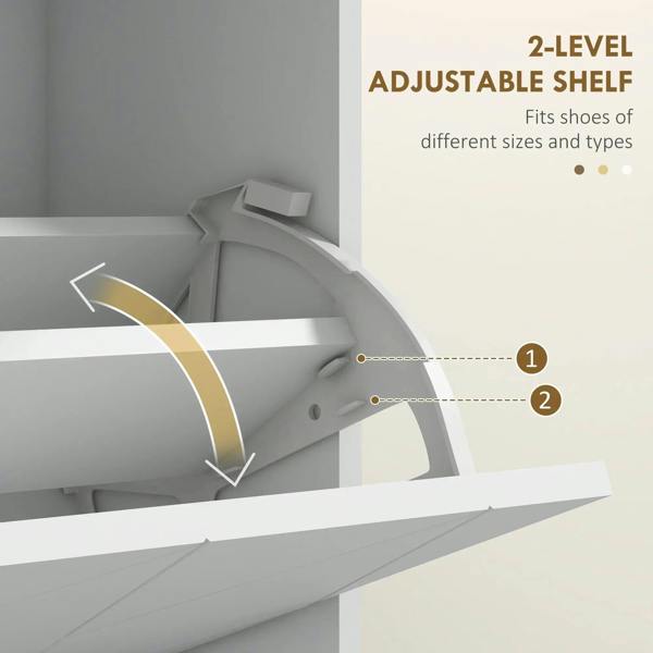 White shoe cabinet interior showing adjustable flip shelf levels and gold handle accents