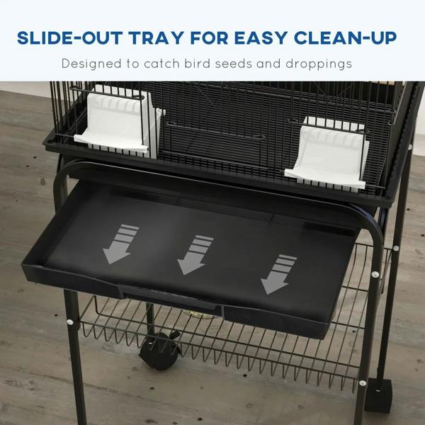 Black slide-out tray for easy clean-up under the birdcage
