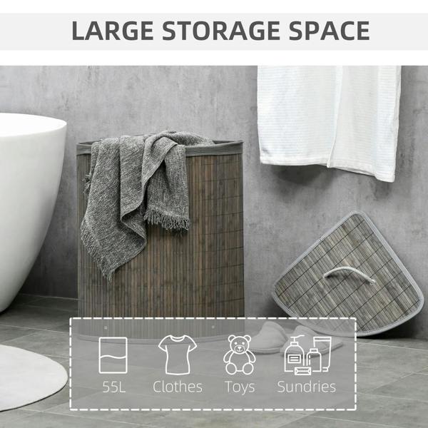 Grey bamboo laundry hamper with lid and curved handle, large storage basket