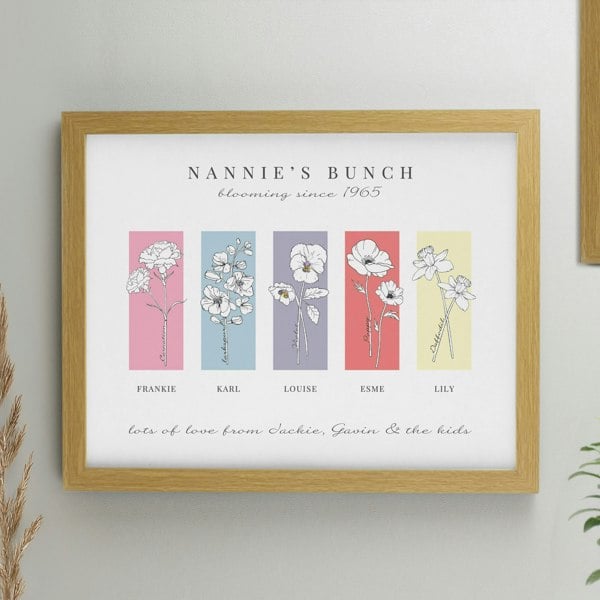 Personalised Memento Company Personalised Birth Flower Family of 5 Oak Framed Print