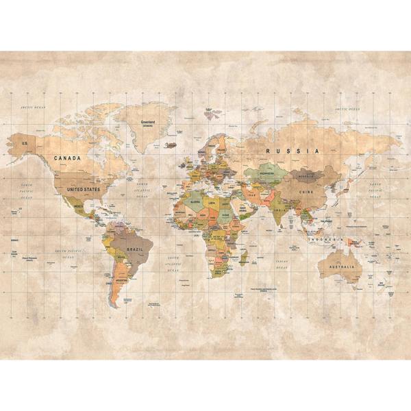 Grandeco Vintage World Map 7 panel Textured Mural, 3.71 x 2.8m, Multi Neutral
