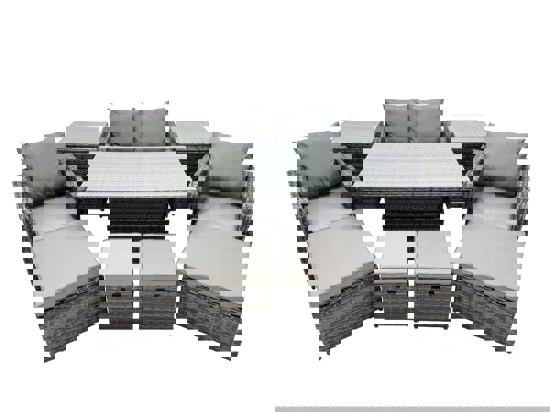 Fimous 8 seater Patio Height Adjustable Rising Lifting Table Sofa Sets Rattan Garden Furniture Dining Set with 2 Small Footstool Dark Grey Mixed