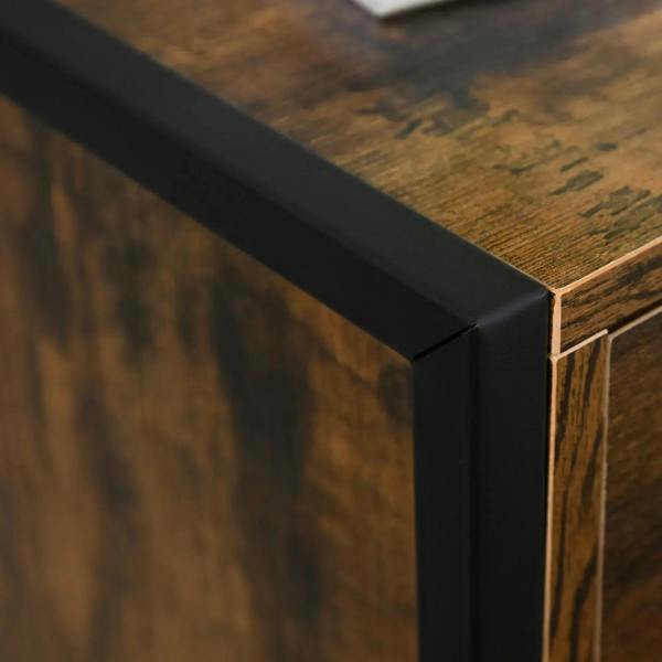 Black steel frame corner with top edge and handle on rustic brown dresser.