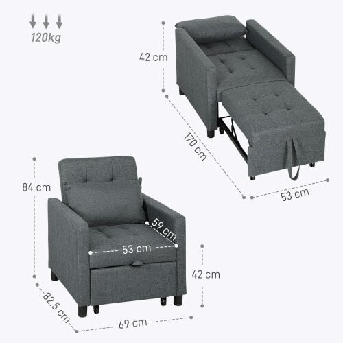 Wyld Haus Loco Suro Dark Grey 3 In One Convertible Chair Bed With Adjustable Back Cushion And Footrest