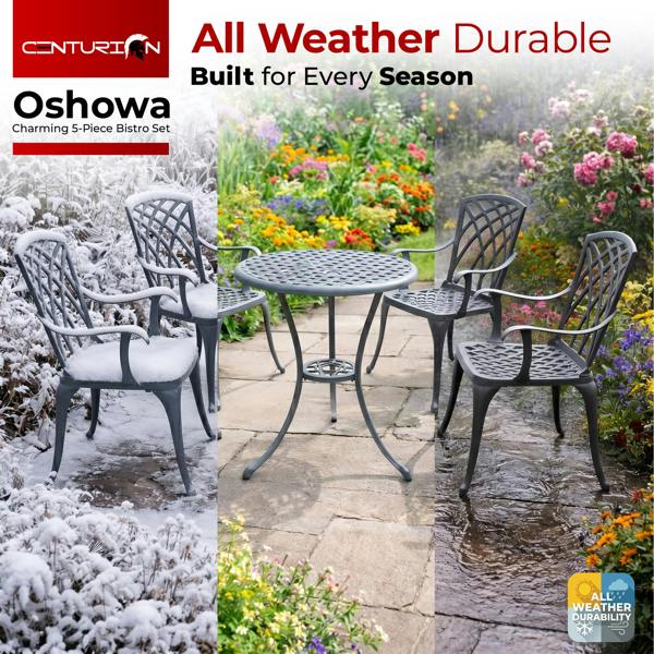Homeology OSHOWA Luxurious Garden and Patio Table and 4 Large Chairs with Armrests Cast Aluminium Bistro Set - Grey with Green Cushions