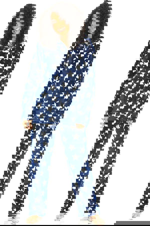 Camille Womens Supersoft Fleece Navy Star Print Pyjama Set